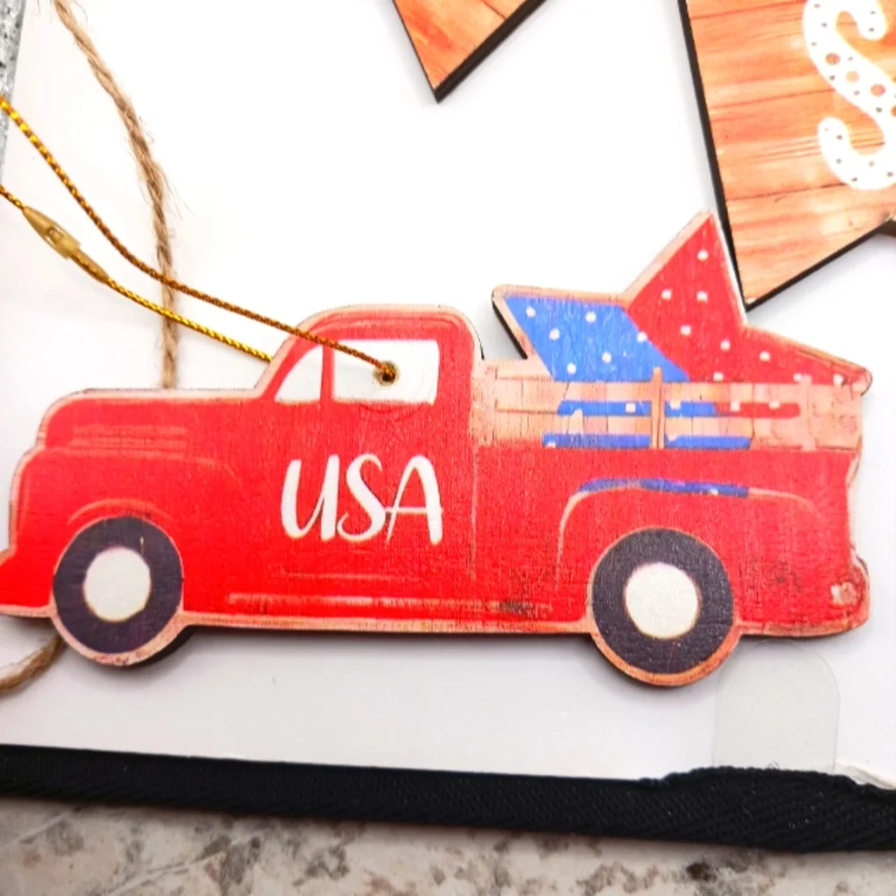 Patrotic Wall Wood Decor Gnome, Truck USA Banner +Candles + Mini Bucket 10 Items